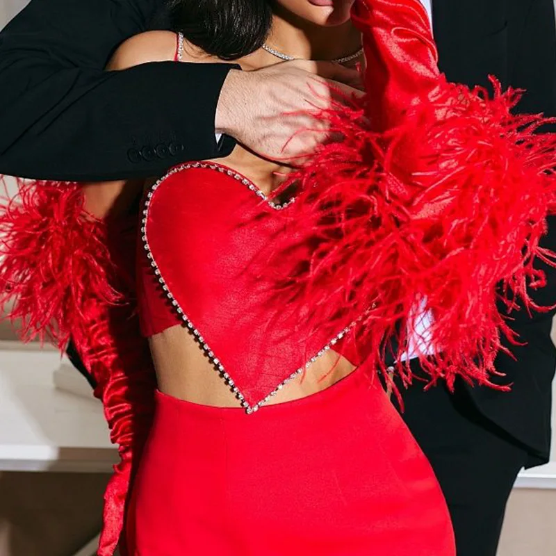 INS Style Women's Clothing Ball Hottie Bright Red Midriff-Baring Set With Diamonds Sexy Heart-Shaped Tube Top Camisole Vest