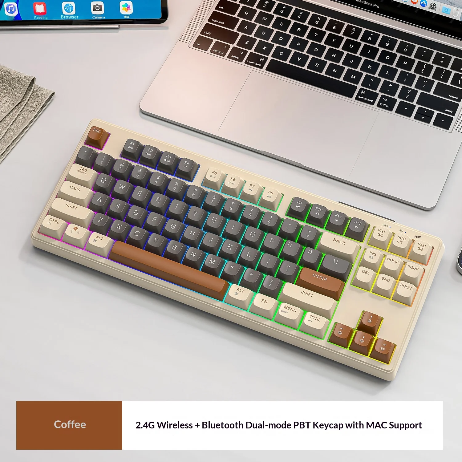 M87 Wireless Keyboard Gaming,87keys Dual Mode Bluetooth Keyboard with Rainbow-light RGB,PBT Ballcaps for Silent Office Gaming