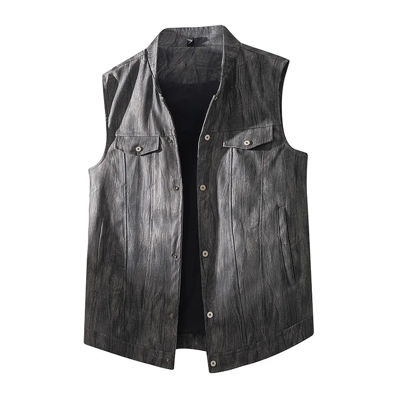 

Мужской кожаный жилет на весну-осень, винтажный, с воротником-стойкой, однобортный, без рукавов, с карманами, универсальный