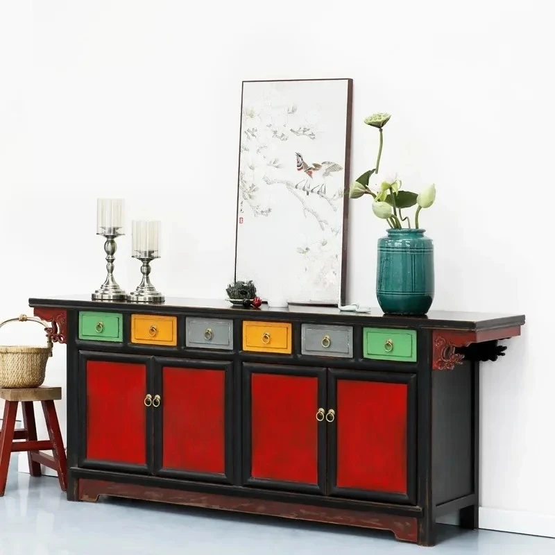 

J New Chinese style living room six drawer four door cabinet dining side cabinet solid wood cupboard kitchen locker