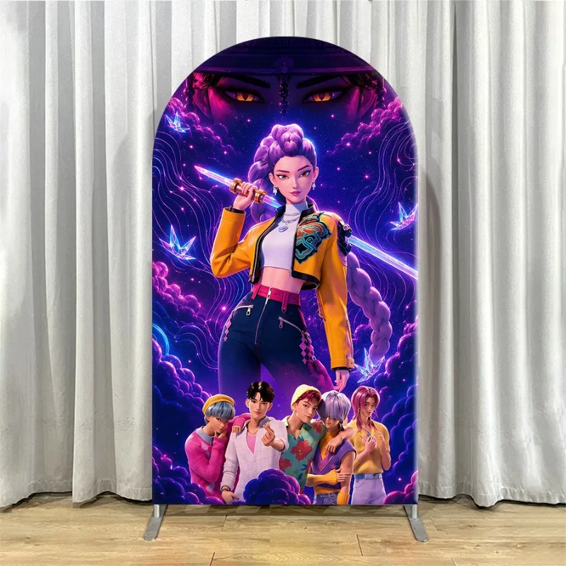 Non Elastic Kpop Demon Hunters Arch Backdrop Cover Single-layer Vibrant Anime Style Backdrop for Party Decorations Fantasy