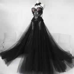 15707# Sexy Black Halter Neck 3D Flowers Tulle A-line Illusion Wedding Dress Beading Tassel Bride Gown For Women