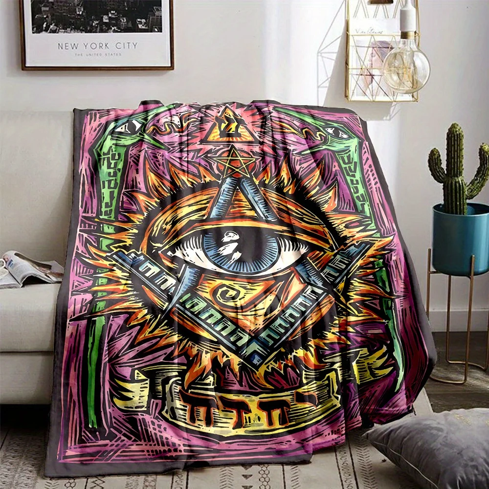 Vintage All Seeing Eye Triangle Star Color Graffiti Base Flannel Throw Blanket Soft Warm Cover For Sofa Occult Art Decor Gift