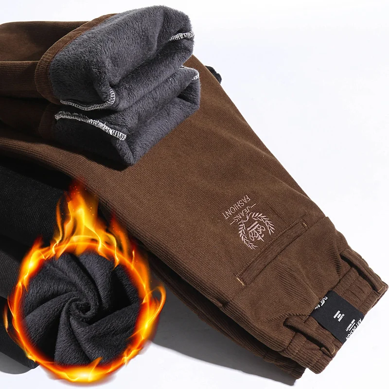 

Corduroy Winter Pants Thicken Warm Fleece Brown Black Casual Men Clothing Straight Regular Fit Trousers For Male 2024