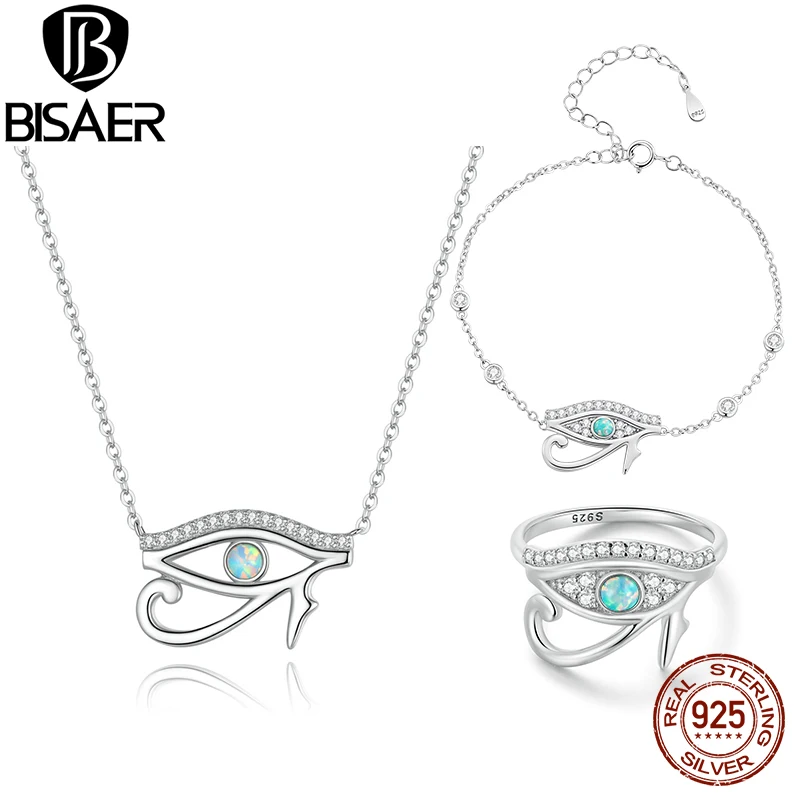 

BISAER 100% 925 Sterling Silver Eye of Horus Set Necklace Ring Bracelet Plated Platinum For Lucky Woman Fine Jewelry Gift