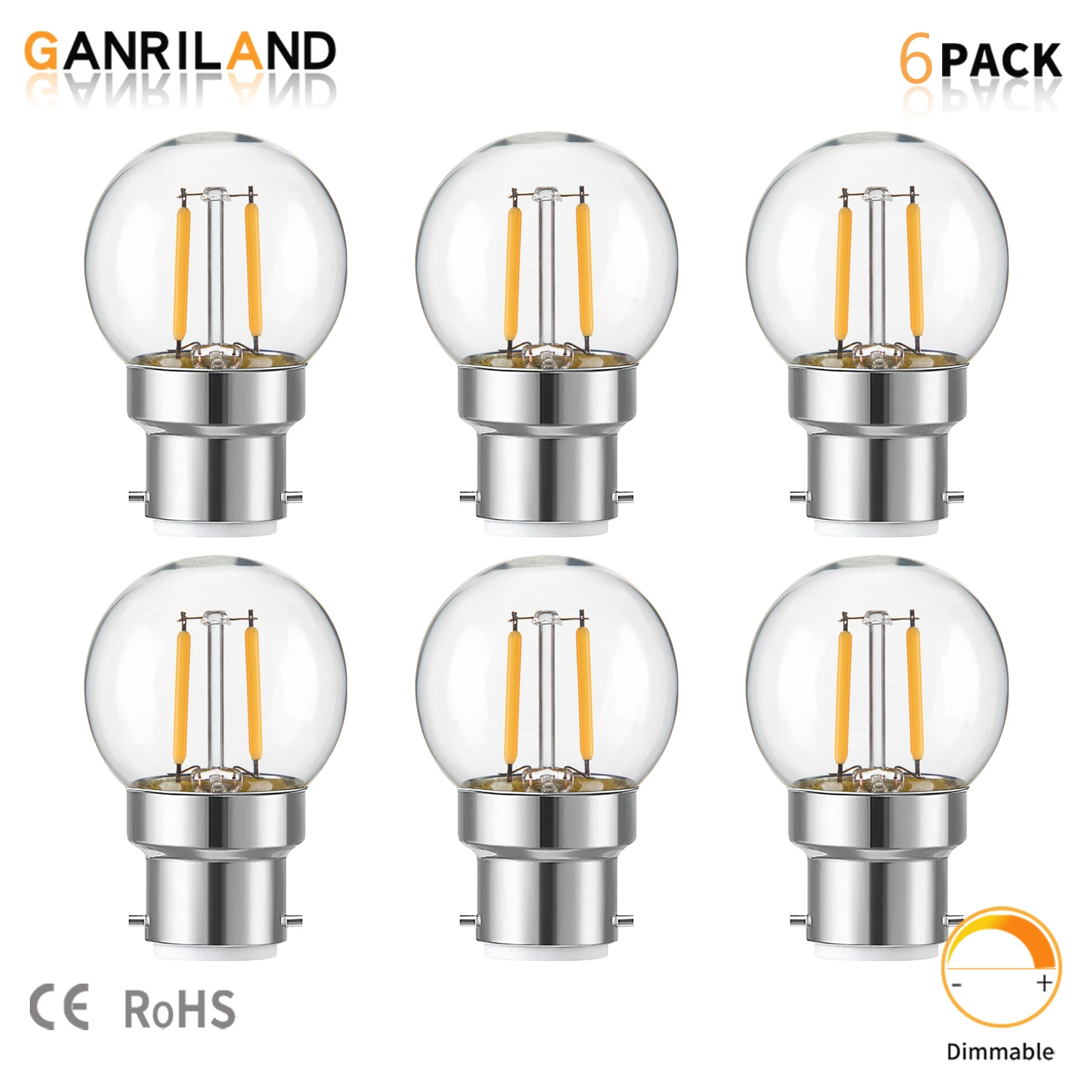 6Pack B22 Golf Ball LED Filament Bulb 1W Bayonet Cap G40 Low Wattage 10W Incandescent Equivalent Dimmable Decorative Light Bulbs