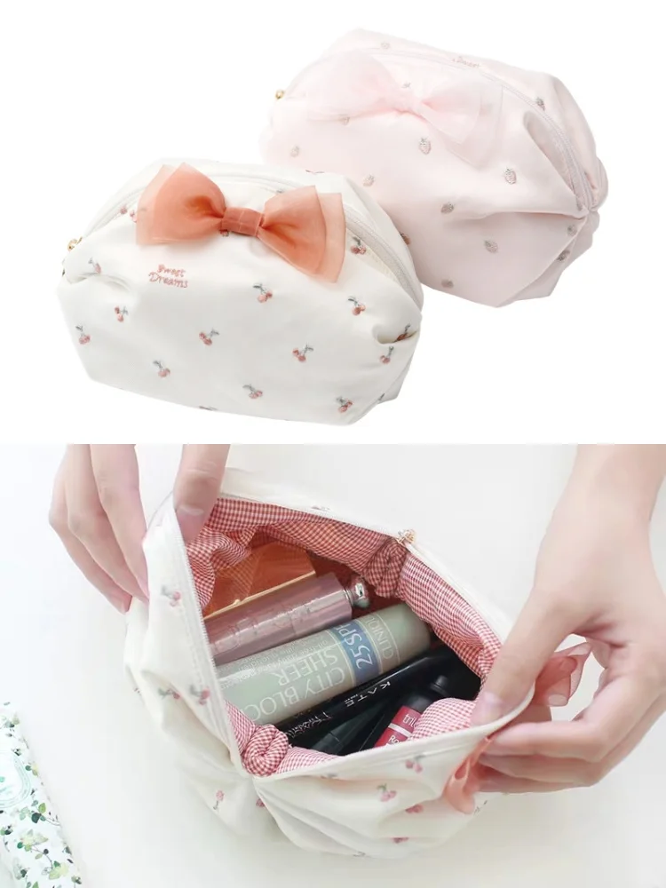 Cute Strawberry Cherry Embroidery Lace Cosmetic Bag Storage Bag Portable Jewelry Box Travel Drawstring Bundle Bag Small