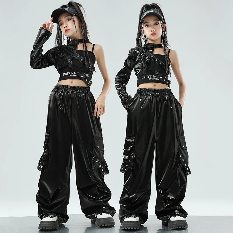 Children's Performance Kpop Outfit Enkele Leren Mouw Camouflagebroek Voor Meisjes Jazz Dans Kostuums Toneelkleding Sl10707