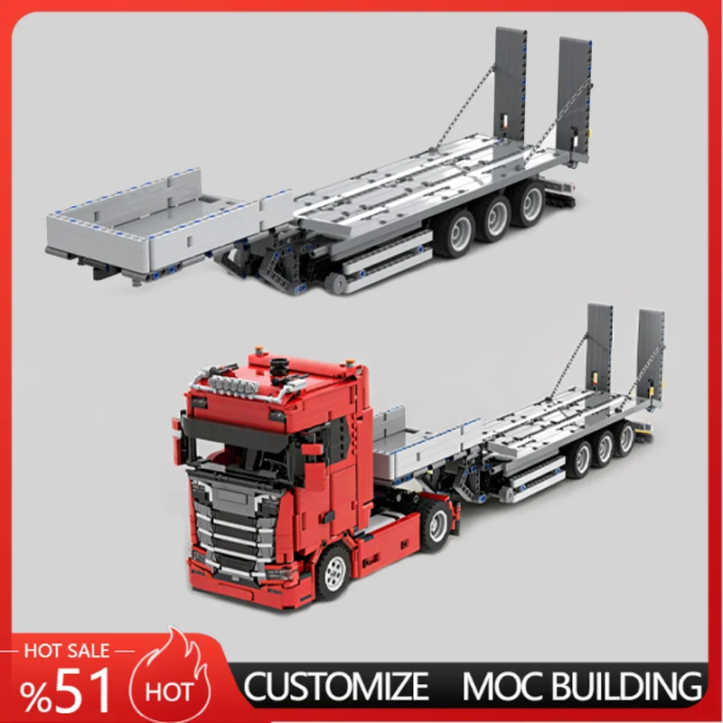 Red Heavy Truck With Flatbed Trailer Model Building Blocks Engineering Transport Vehicle Assembly Educational Toy Popular Gifts
