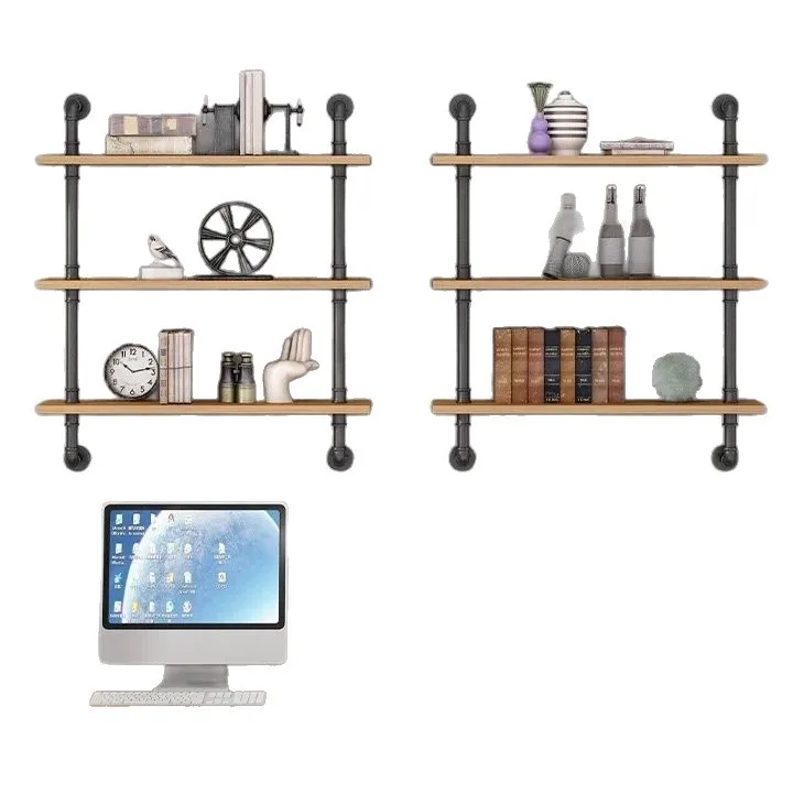 

Wall wrought iron water pipe rack retro wall hanging multi-layer storage living room solid wood industry