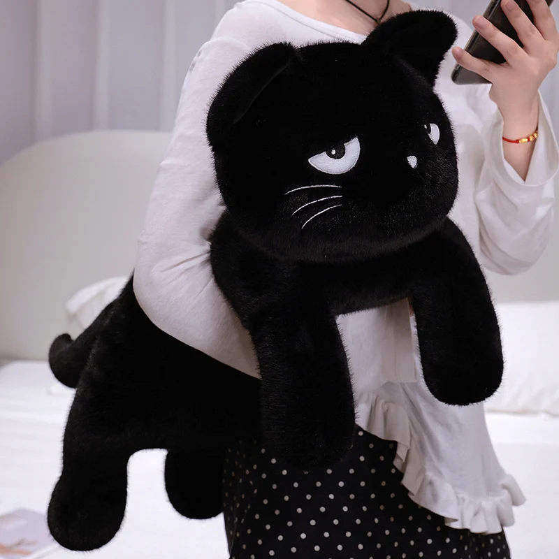 Black Cat Plush Doll Soft Sitting Animal Toy With Droopy Eyes For Cat Lovers Reading Corner Companion Birthday Gift