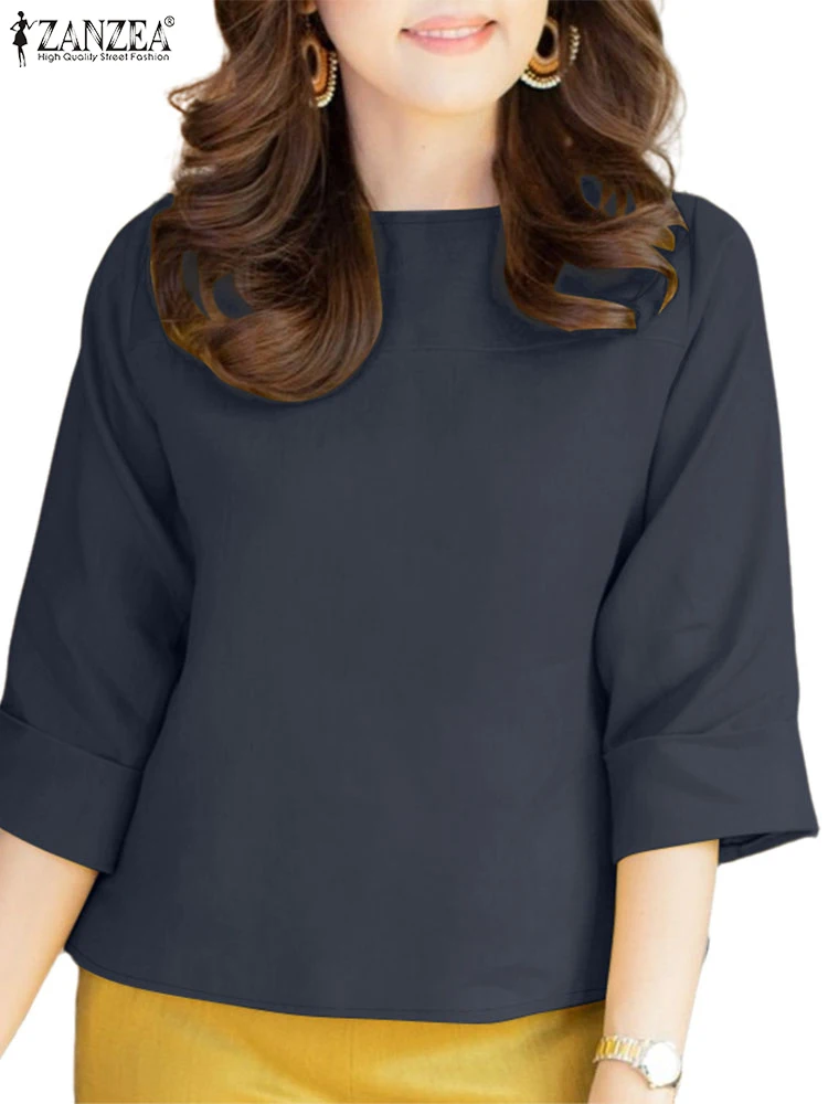 

ZANZEA Loose Casual Everyday Tops 3/4 Sleeve Womens Solid Color 2025 Summer Blusas Mujer Leisure O-Neck Cotton Linen Blouses
