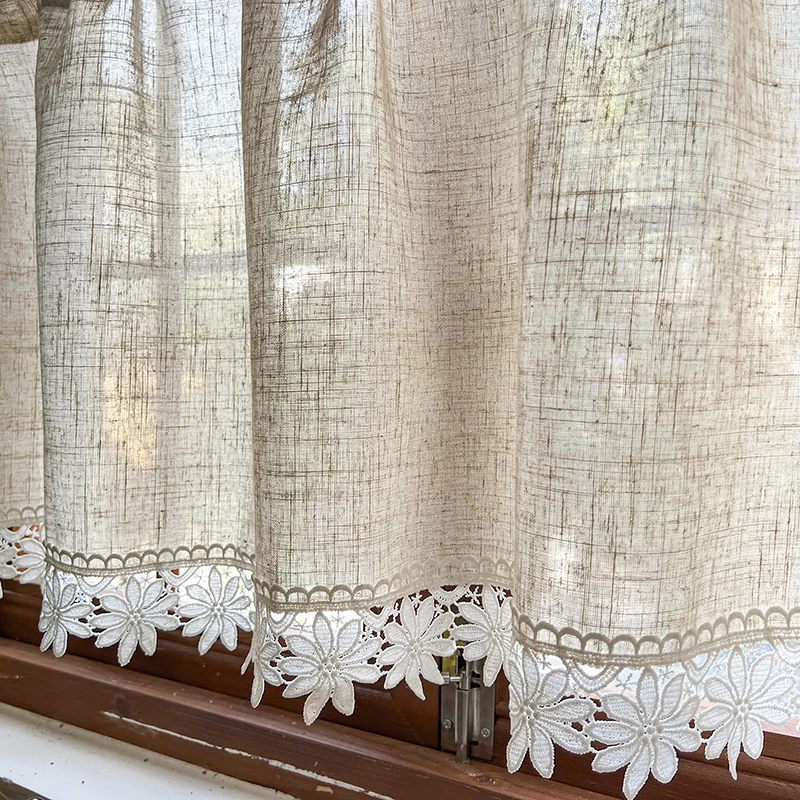 Amerikanischen Retro Nachahmung Leinen Beige Café Vorhang Weiß Exquisite Blume Stickerei Spitze Halb Vorhang Für Küche Wohnzimmer