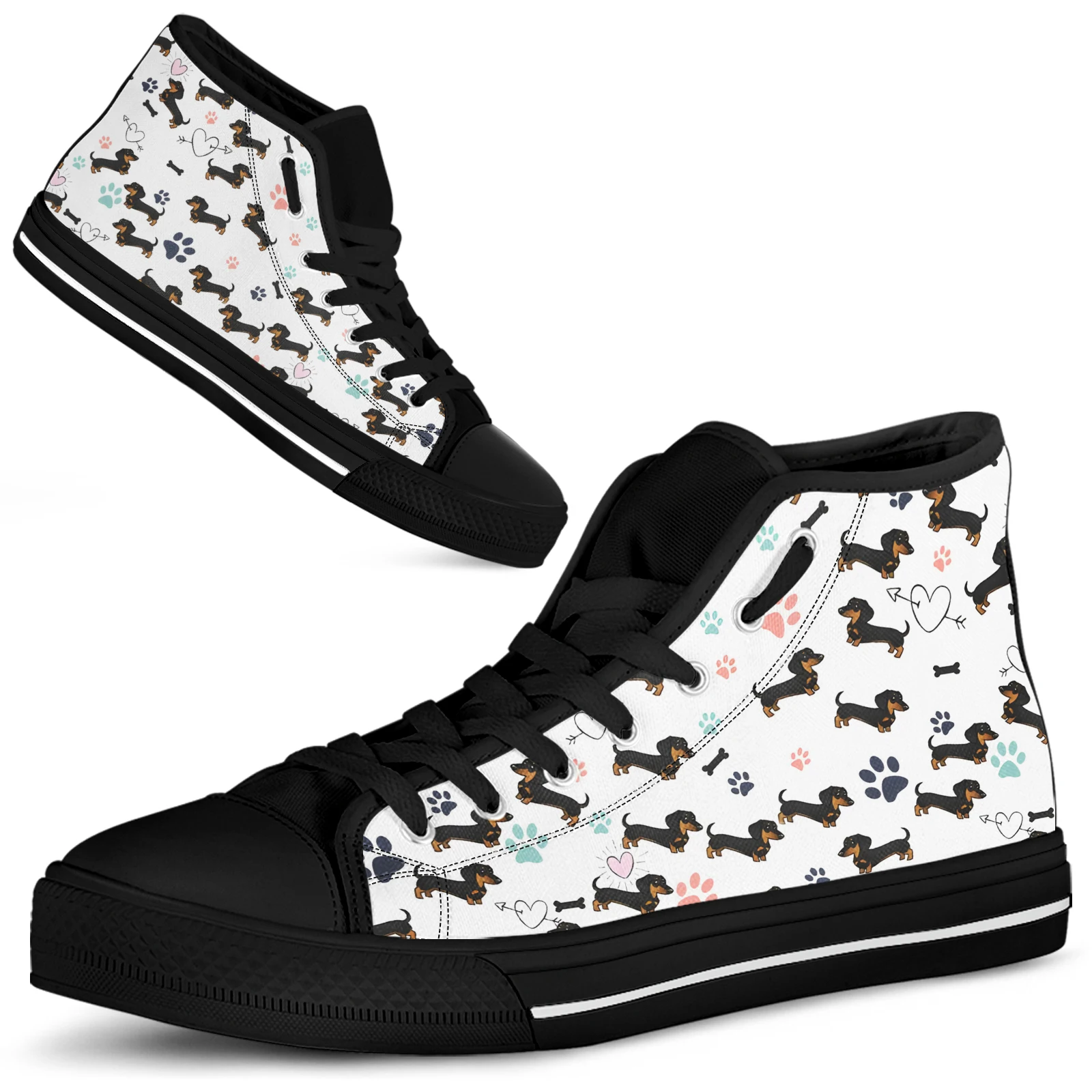 ELVISWORDS Dachshund Dog Paw Print High Top Women's Vulcanized Shoes Cartoon Pet Dog Sneakers Gift For Dog Lovers Tennis Shoes