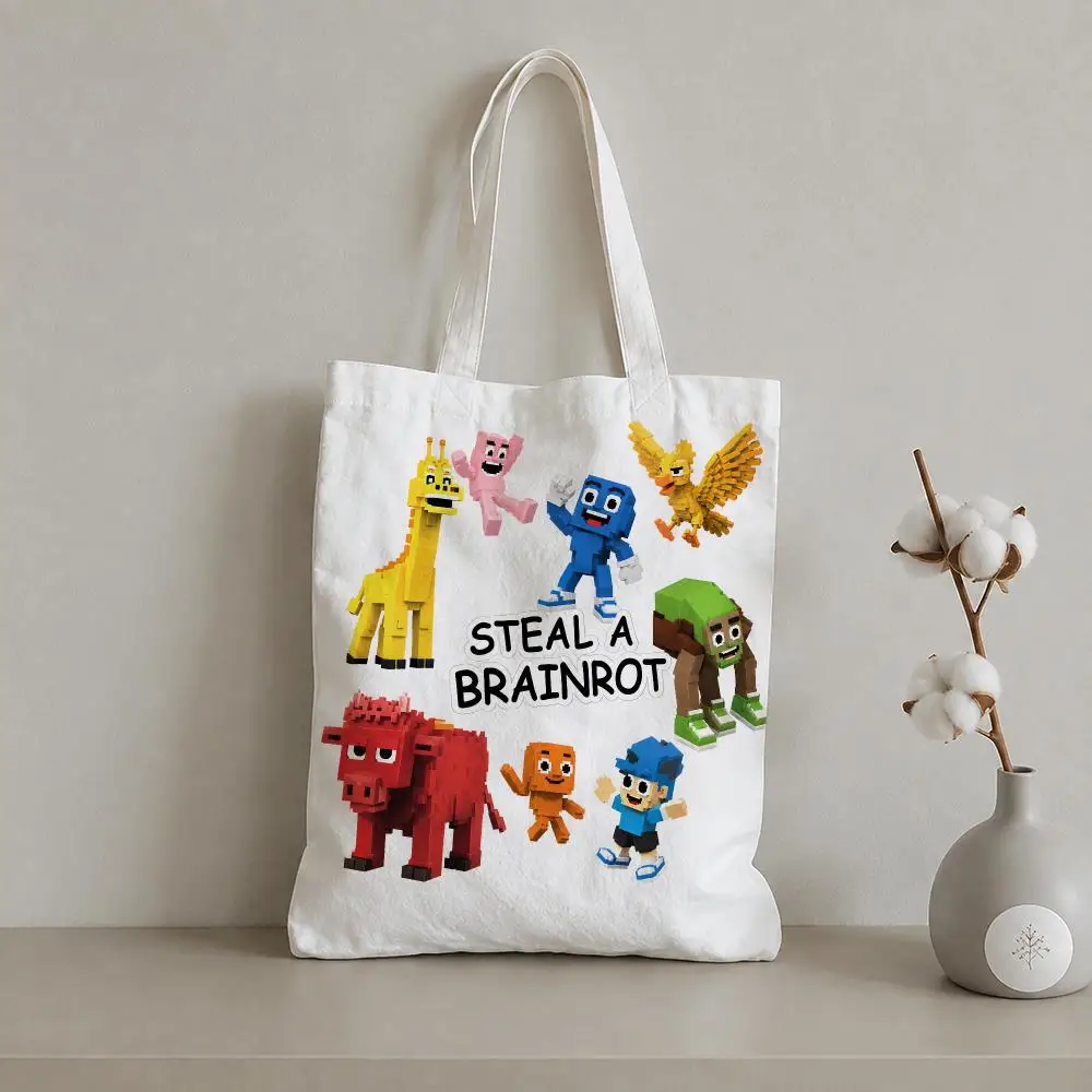 Steal A Brainrot Character Crew Storage Bags 1pc Canvas Tote Bag Reusable Shopping Shoulder Bag For Women Daily Use