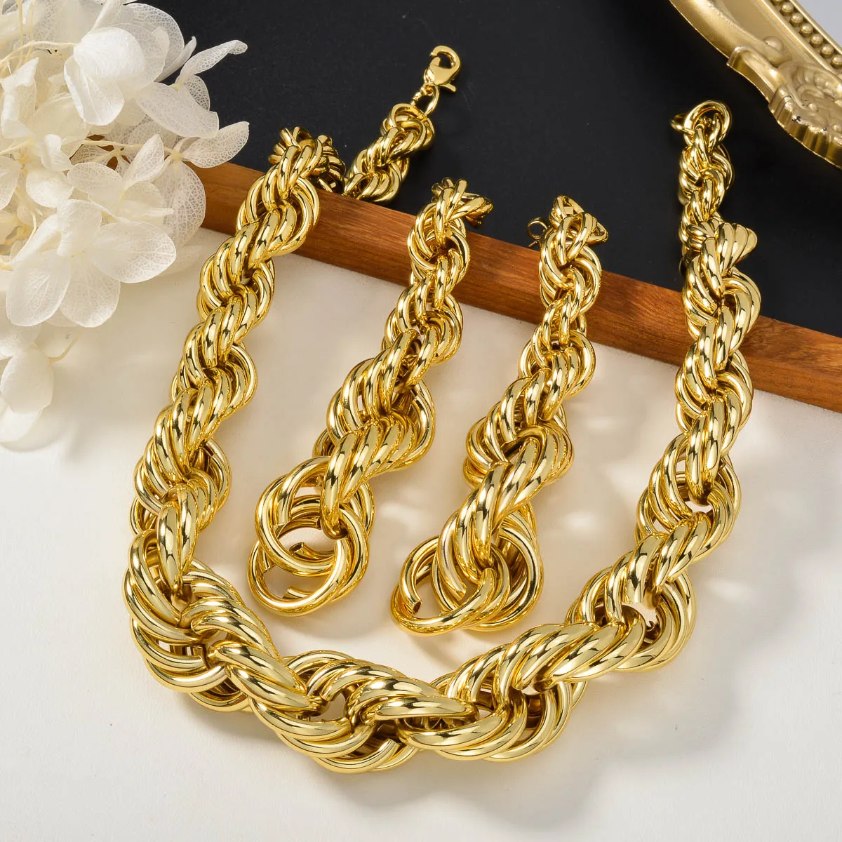3pcs Men\'s Women\'s Jewelry Set Fried Dough Twists Interwoven Necklace Bracelet Earrings Hip-hop Punk Style Suitable Party Gifts