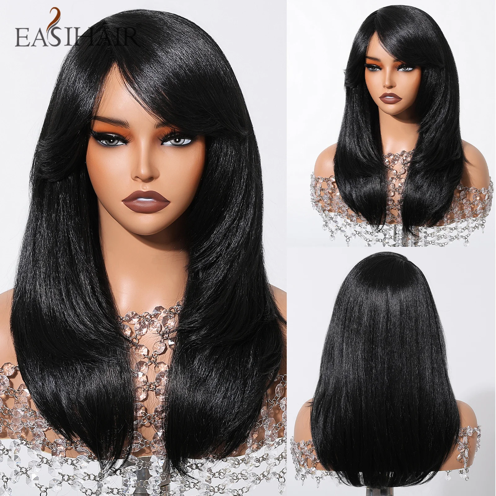 

EASIHAIR Black Layered Synthetic Straight Wigs with Side Bangs Medium Length Cosplay Daily Hair Wig for Women Heat Resistant