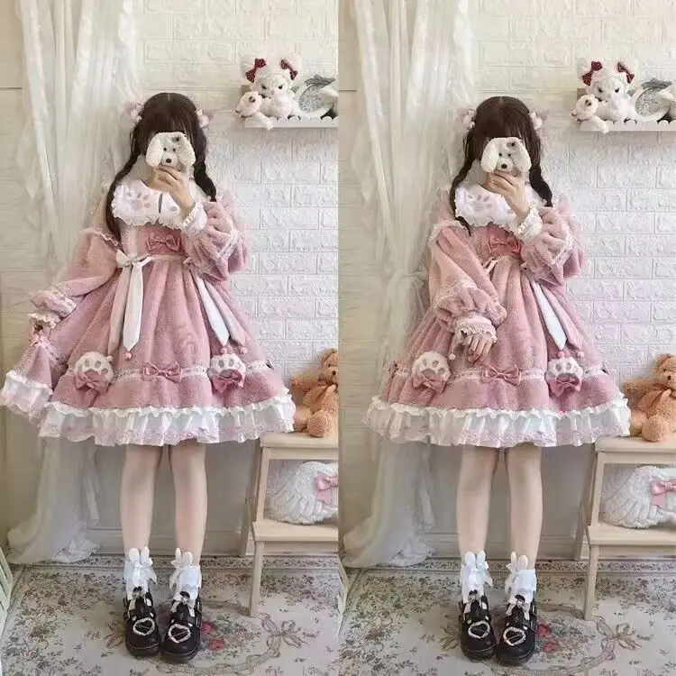 Little Milk Meow Cat Lolita Dress peluche Op autunno inverno manica lunga addensato vestiti di capodanno festa di compleanno borsa ragazza carina