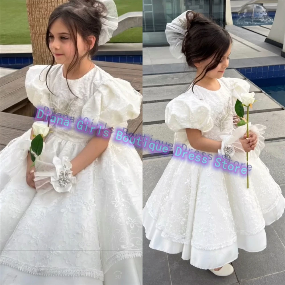 

Lovely Little Baby Girls Flower Girl Dress Satin Fluffy Exquisite Appliqué Princess Ball Kids Birthday Party Evening Gowns