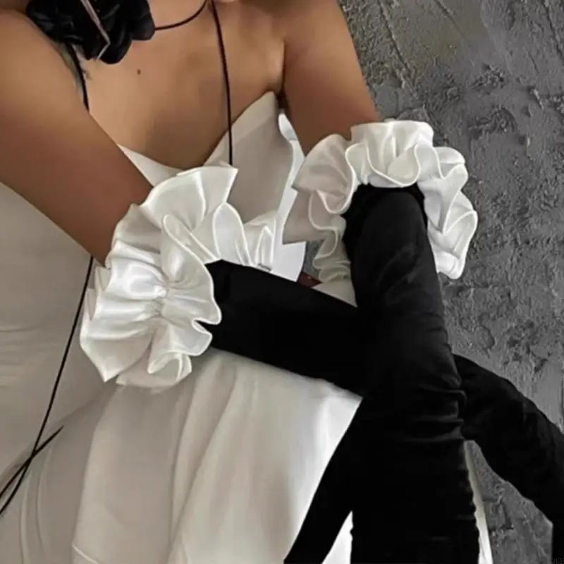 

K3KF Ruched Gloves Full Finger Gloves 1920s Women Bridal Gloves Wedding Gloves