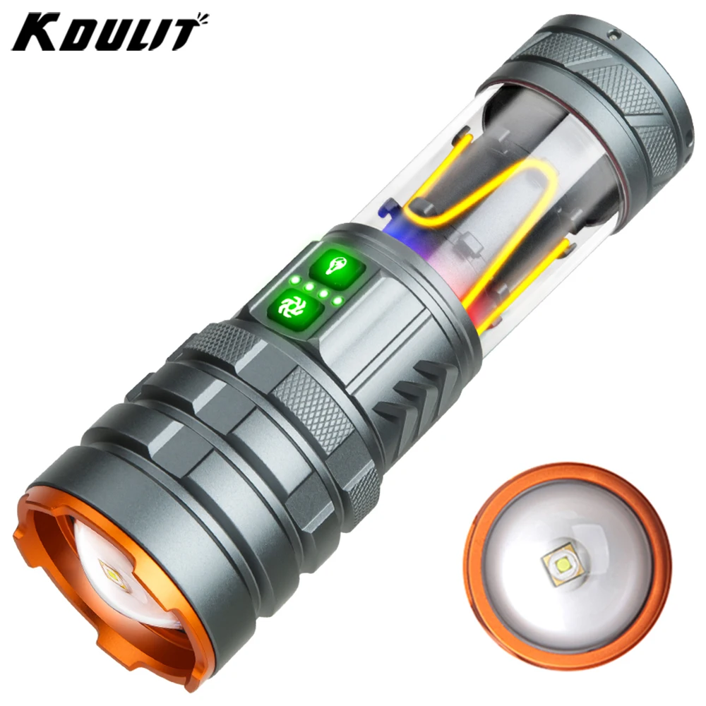 KDULIT LED Strong Light Zoom Flashlight USB Rechargeable Long Range Powerful Torch Working Light Outdoor Fishing Camping Lantern