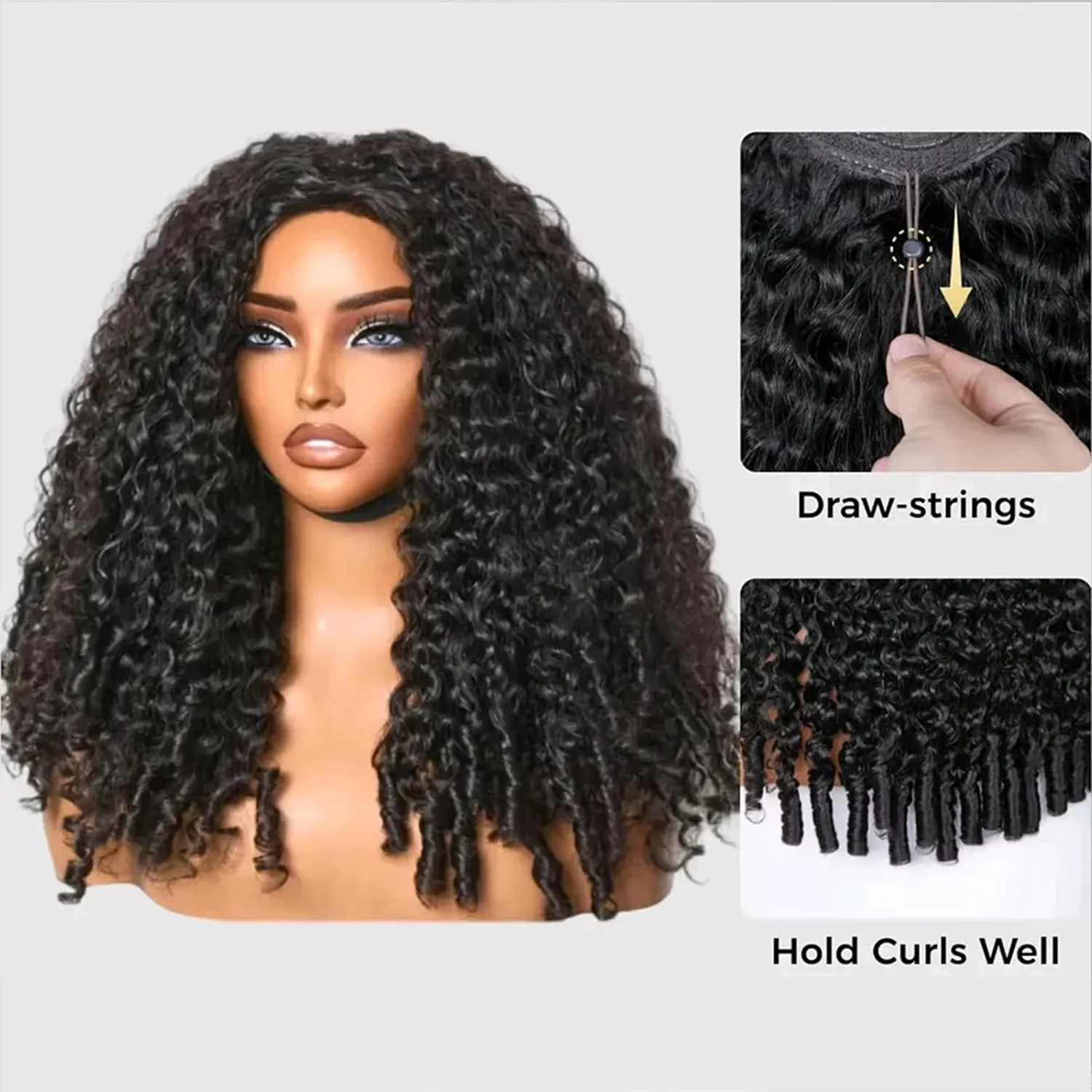250% Density Glueless Human Hair Wigs Burmese Curly Headband Wig Upgrade 3 IN 1 Half Wig With Drawstring Clip Ins Flip Over