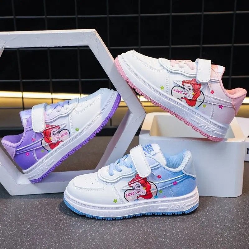 Disney White Casual Shoes Ariel Girl Children Princess Low Top Student Cartoon PU Leather Shoes Sneakers Size 26-37