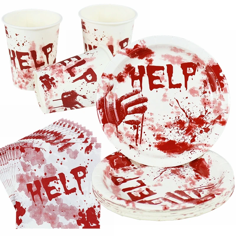 

Halloween Decorations Horror Blood Handprint Tableware Paper Plate Cup Napkin Halloween Party Haunted House Scary Decor Supplies