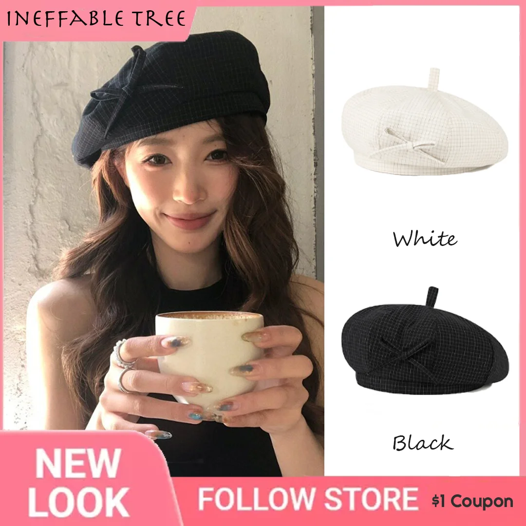 Summer Plaid Vintage Beret With Black Bow Sweet Slim Face Newsboy Cap Fashion Versatile Sun Hat For Women Daily Street Outfits