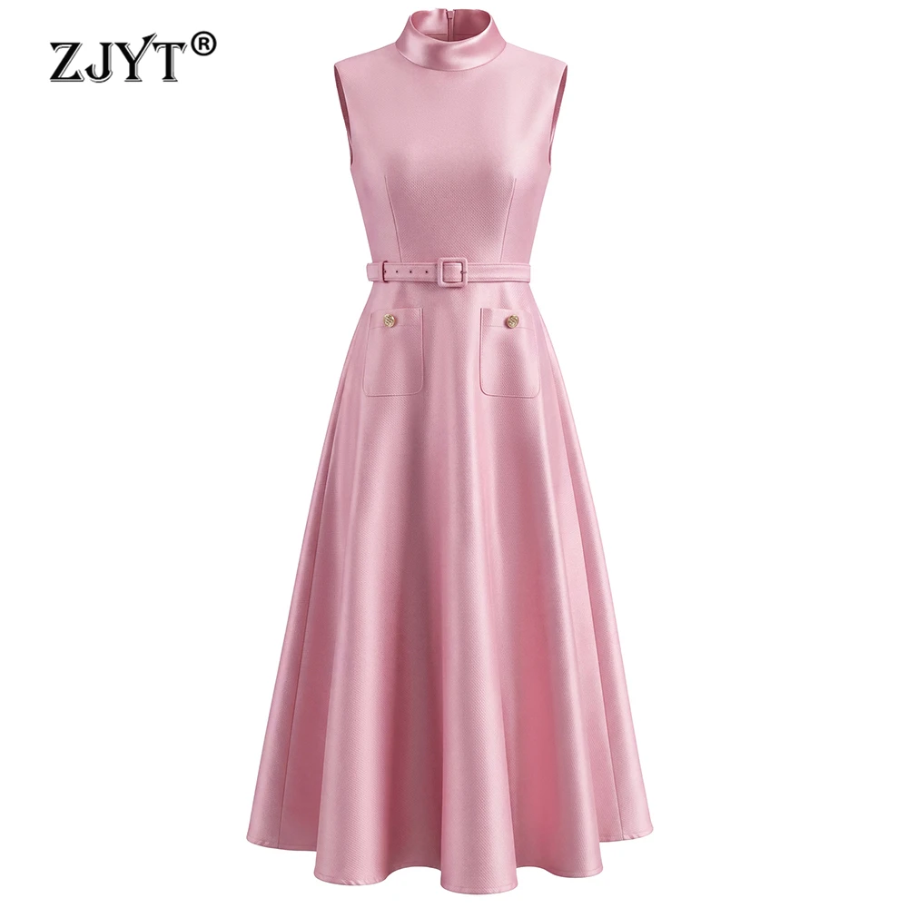ZJYT Elegant Luxury Autumn Dresses for Women Party Evening Gown Pink 2026 Designer Sleeveless Stand Neck Midi Dress Vestidos