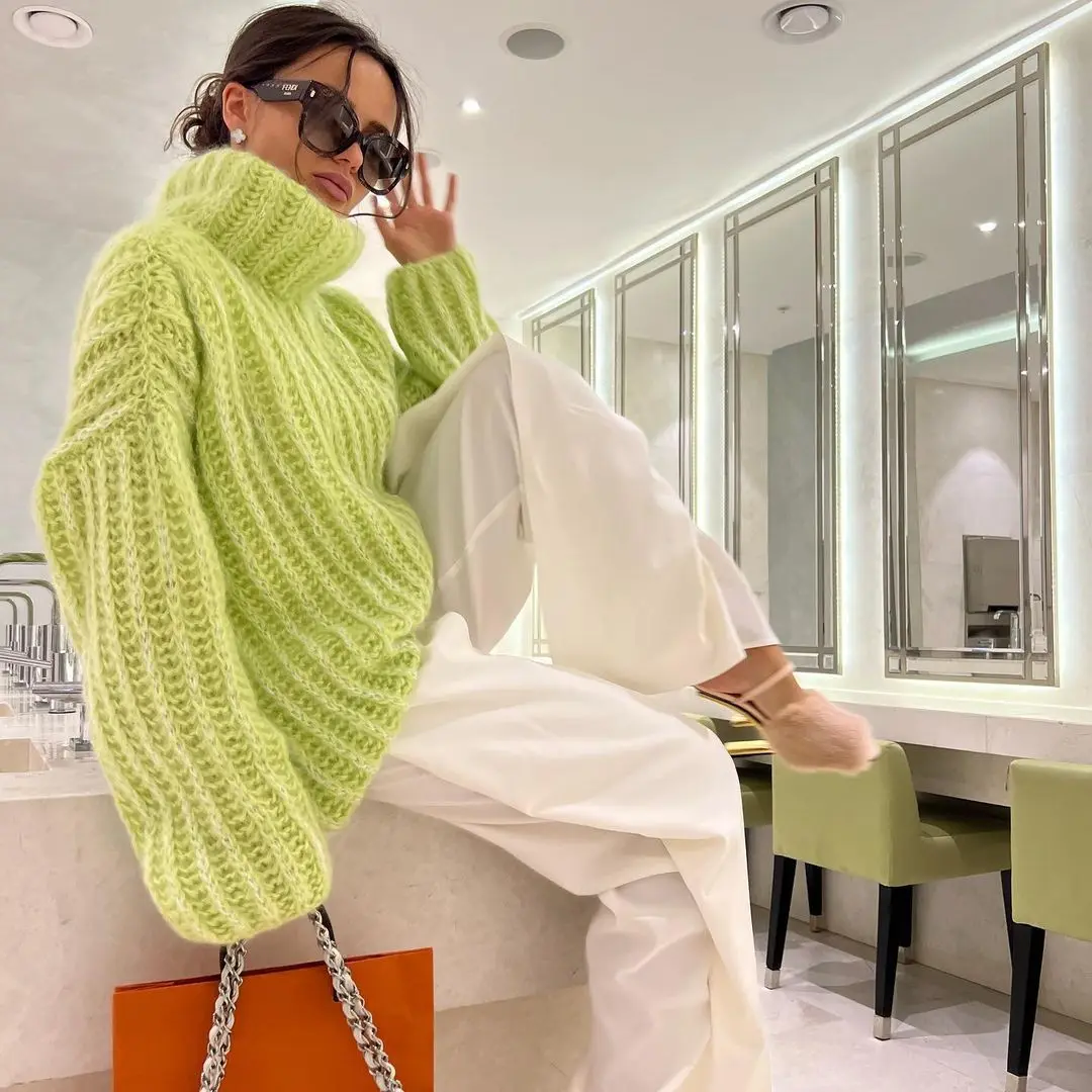 Oversize puszysty sweter damskie sweter z dzianiny z golfem typu Streetwear z długim rękawem luźne topy na co dzień odzież damska nowy różowy sweter