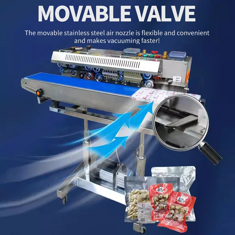 ODM OEM CE Plastic Craft Paper Bag Potato Chip Snack Continuous Band Sealer Nitrogen Filling Gas Flushing Vacuum Sealing Machine
