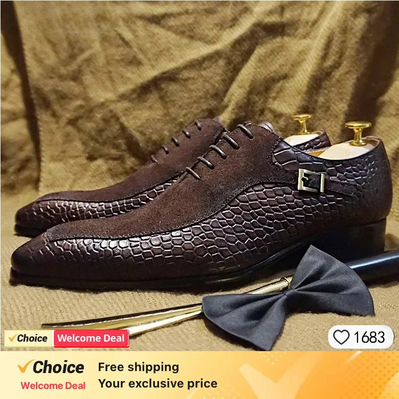 Luxury Men Oxford Shoes Lace up Black Brown Men Dress Shoes Suede Office Wedding Crocodile prints Casual Leather Shoes For Men