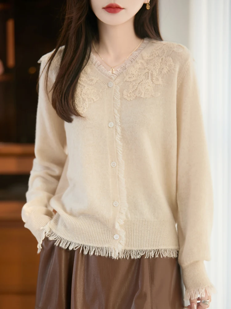 

Light Luxury 100% Merino Wool Women's Sweater Elegant Autumn Winter Female Knitted Cardigan Tassel Lady Long Sleeve Clothes Tops