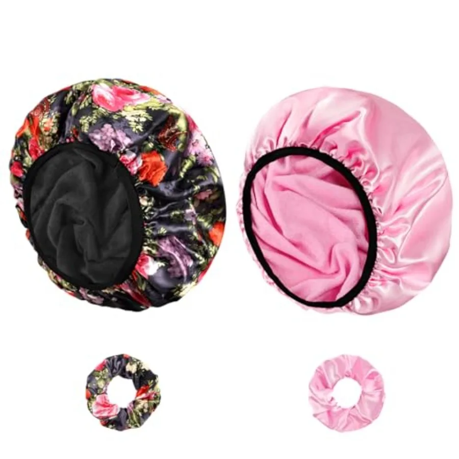 

Shower Cap for Women, 2 PCS 3 Layers Terry Lined Shower Caps + 2 Satin Scrunchies, Waterproof Terry Cloth Bath Caps Elastic and