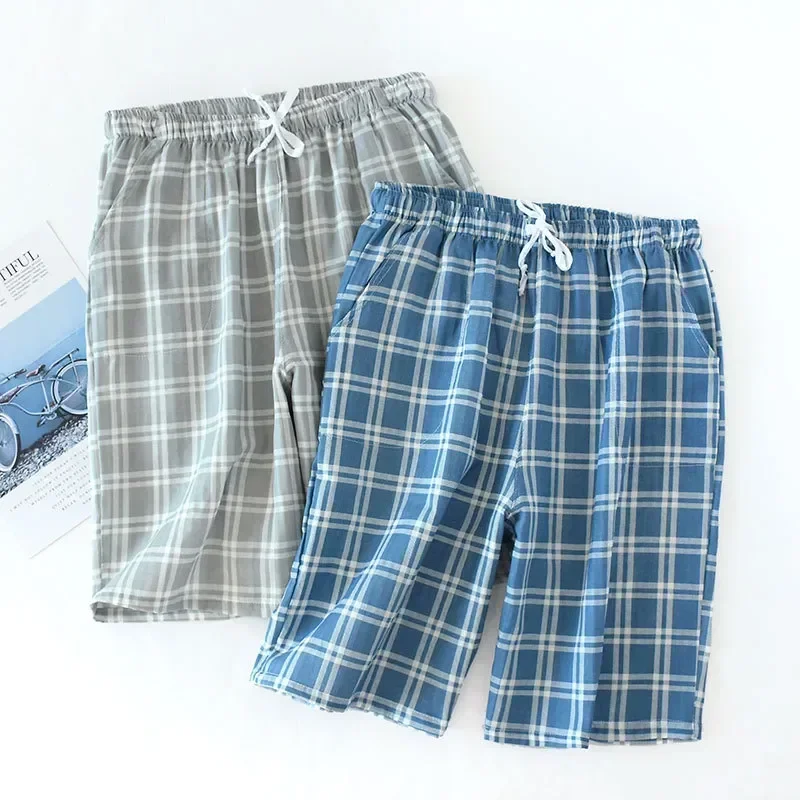 Gauze Pijama Bottoms Sleepwear Men Trousers Mens Lounge Cotton Plaid Pajama Sleep Wear Loose Pants Knitted Band Elastic Shorts