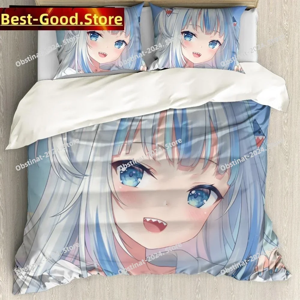 Anime Hololive EN Gawr Gura 3D Printing Comforter Bedding Set,Duvet Cover Quilt Cover Pillowcase,King Queen Size Bedding Set Kid