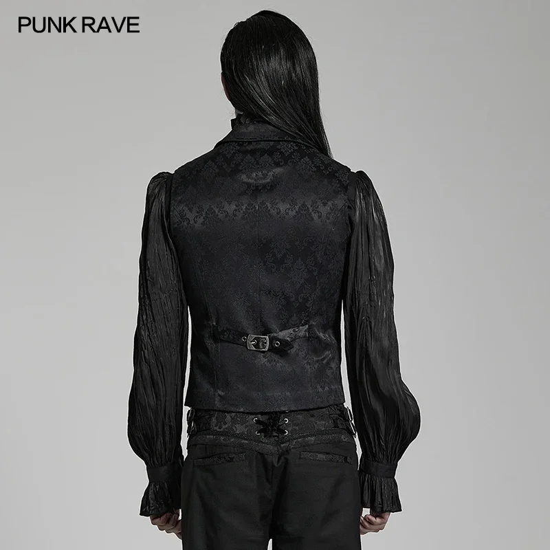 PUNK RAVE Men\'s Gothic Gorgeous Lace Decoration Asymmetric Lapel Waistcoat Unique Pointed Outline Elements Party Long Sleeve Top