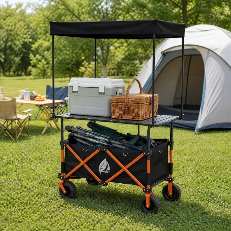 Foldable four-wheeled outdoor camping cart with height-adjustable table