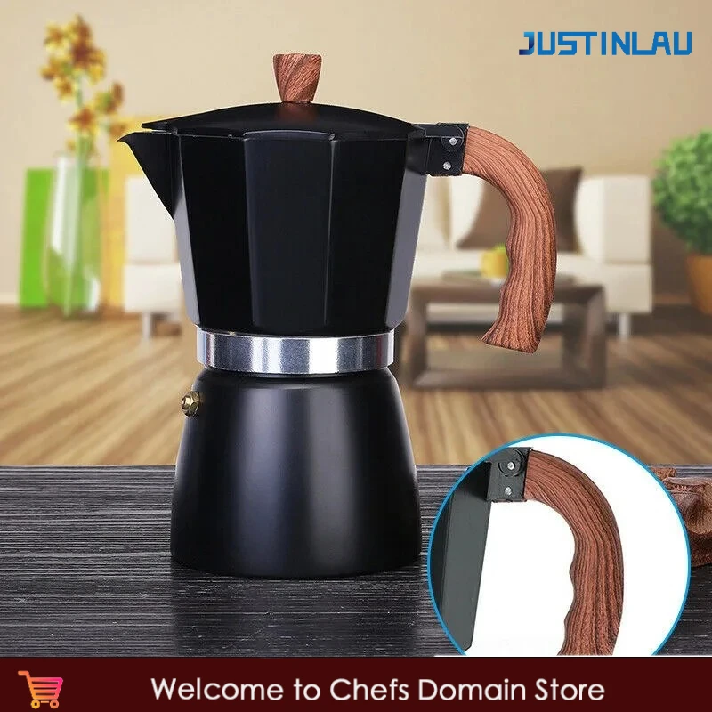 JUSTINLAU Italian Moka Pots Aluminum Espresso Coffee Maker Percolator Stove Top Pot Wood Handle Barista Tools Cafe Accessories