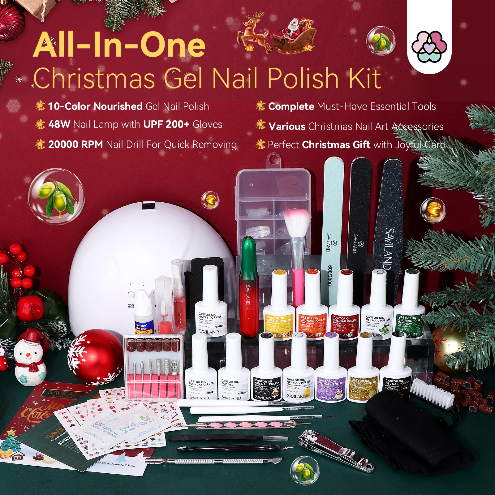 Saviland 10 Kerstkleuren Gel Nagellak Kit met Elektrische Nagelboormachine 48W UV Licht UPF 200 + Handschoenen Base Top Gel Set