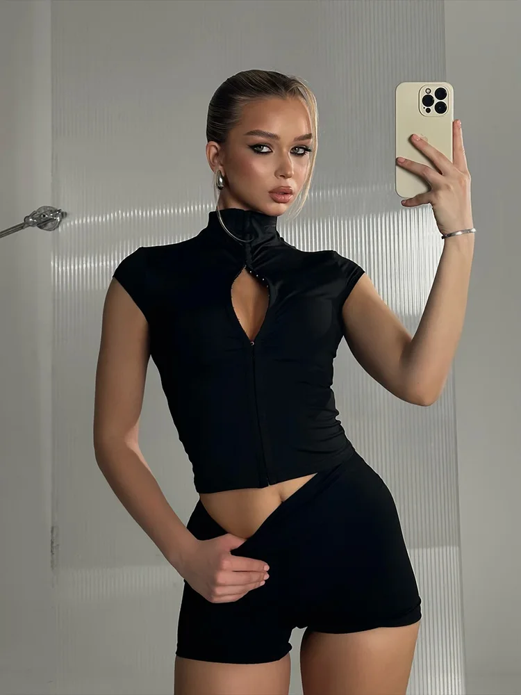 Huhugirl 2 Piece Set (Top And Pants) Hollow Out Short Sleeves Solid Slim Sheath Summer Elegant Casual Chic Designed For Women