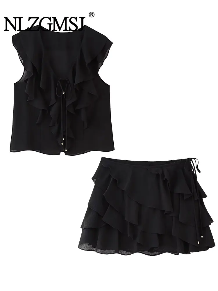 

TRAFNLZGMSJ 2025 Elegant Sexy Women's Set Tierred Design Mini Skirt Sets Fashion Ruffles Sleeveless Shirt Sets For Women 2 Piece