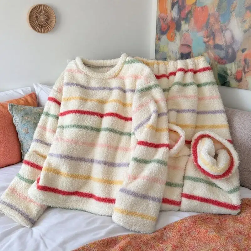 

Girl's Stripe Pajama Set Coral Fleece Home Clothing Women's Half-Pile Cartoon Thicken Home Pants Home Wear Spring Autumn Winter