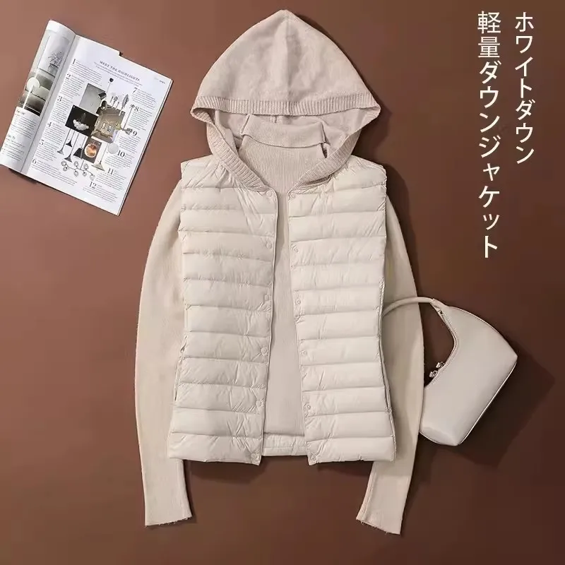 Knitted Hooded Down Waistcoat Jacket Winter Women Warm Light Thin White Duck Down Vest Coat Parkas Ladies Sleeveless Short Tank