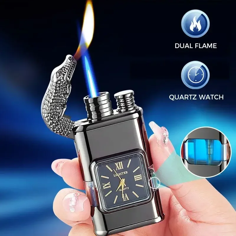 New Portable Metal Creative Blue Flame Lighter Personalized Windproof Elegant Open Flame Double Flame Lighter Men\'s Gift