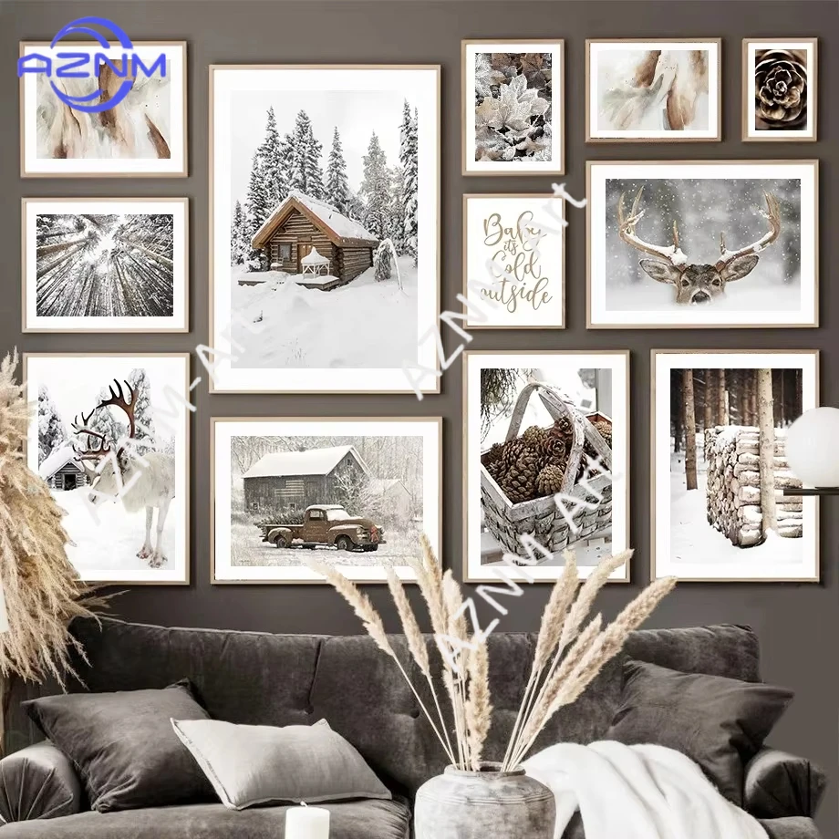 1PC ，Wall Art Canvas Painting Winter Snow House Pine Tree Leaf Reindeer Nordic Posters And Prints Wall Pictures For Living Room