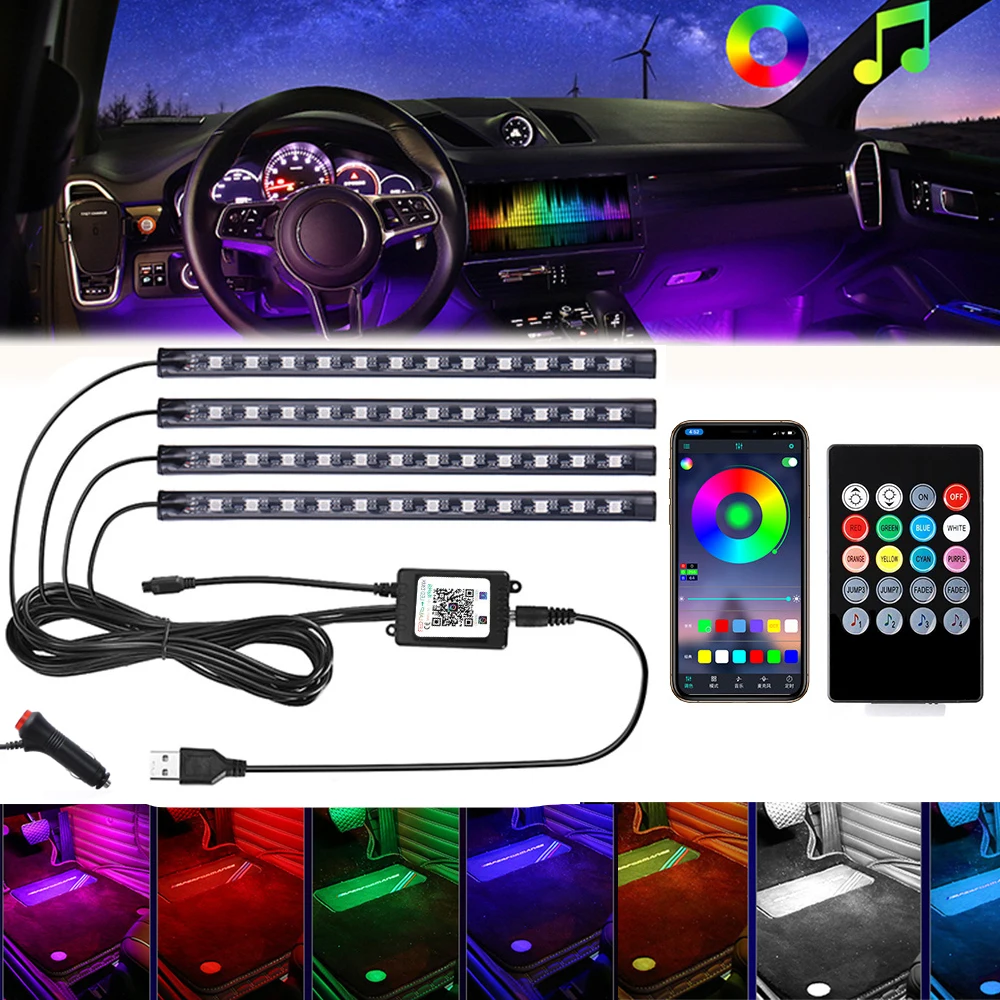 Tira de luces LED RGB para Interior de coche, barra de decoración con Control remoto/por voz, 72/48/36 LED, con USB