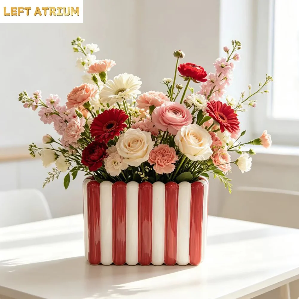 Contrast Color Striped Porcelain Vase Creative Rectangle Ceramic Delicate Flower Arrangement Vase Home Office Tabletop Ornaments