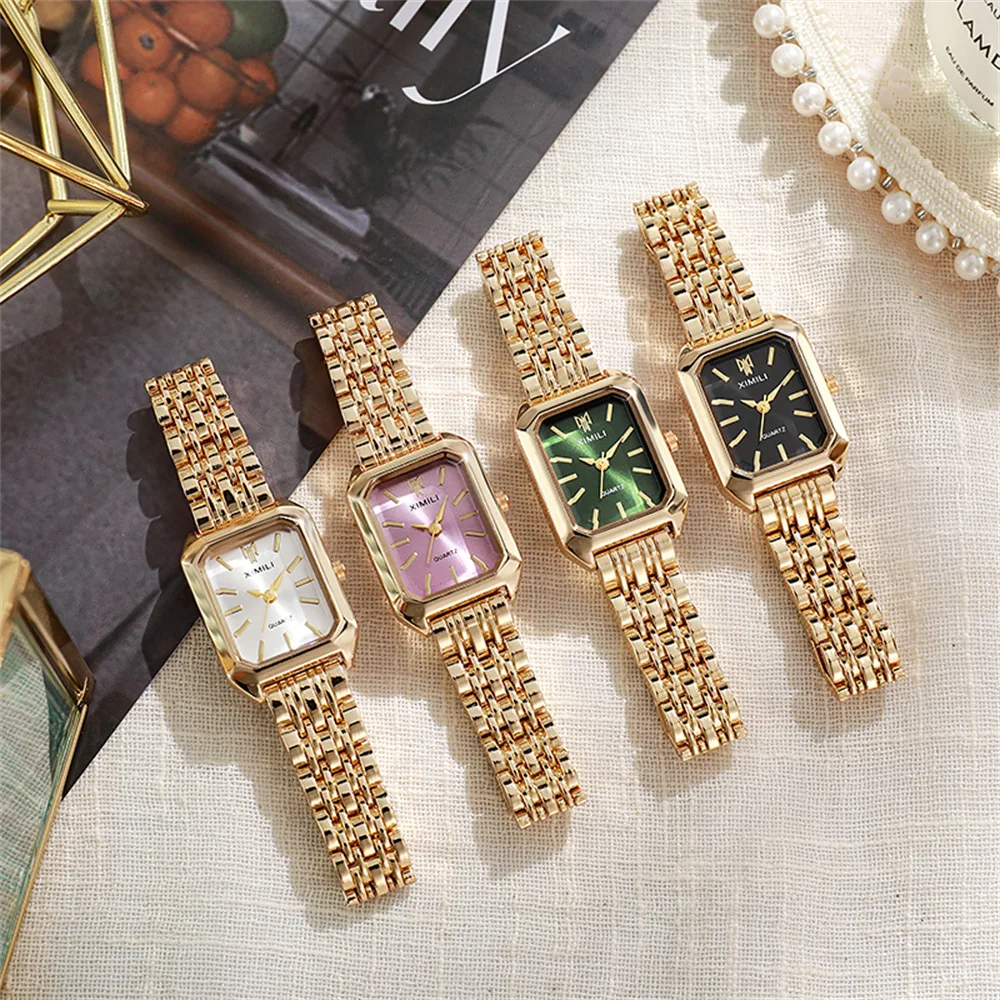 Small Niche Luxury Fashion Retro High-end Gold Steel Strip Small Square Watch with Temperament Women'squartz Watch (without Box）